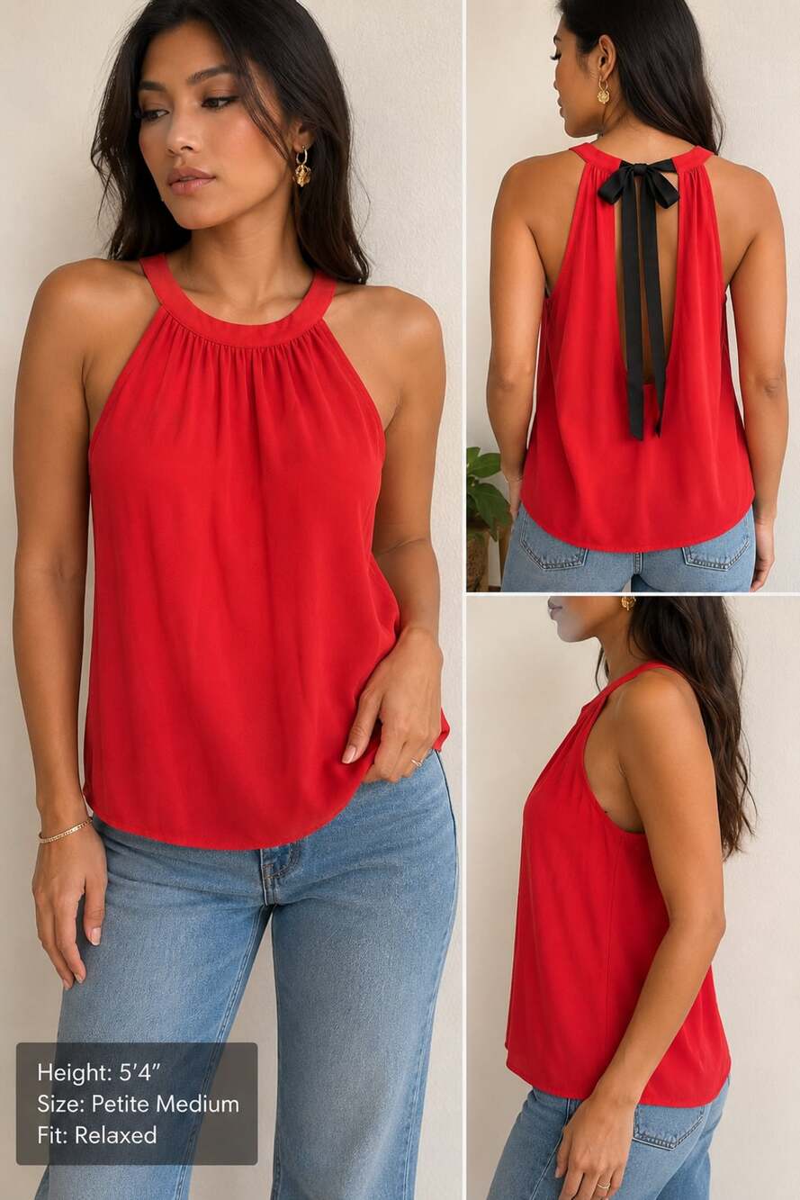 Halogen Women’s Petite M Red Sleeveless Halter Neck Black Bow Back Blouse